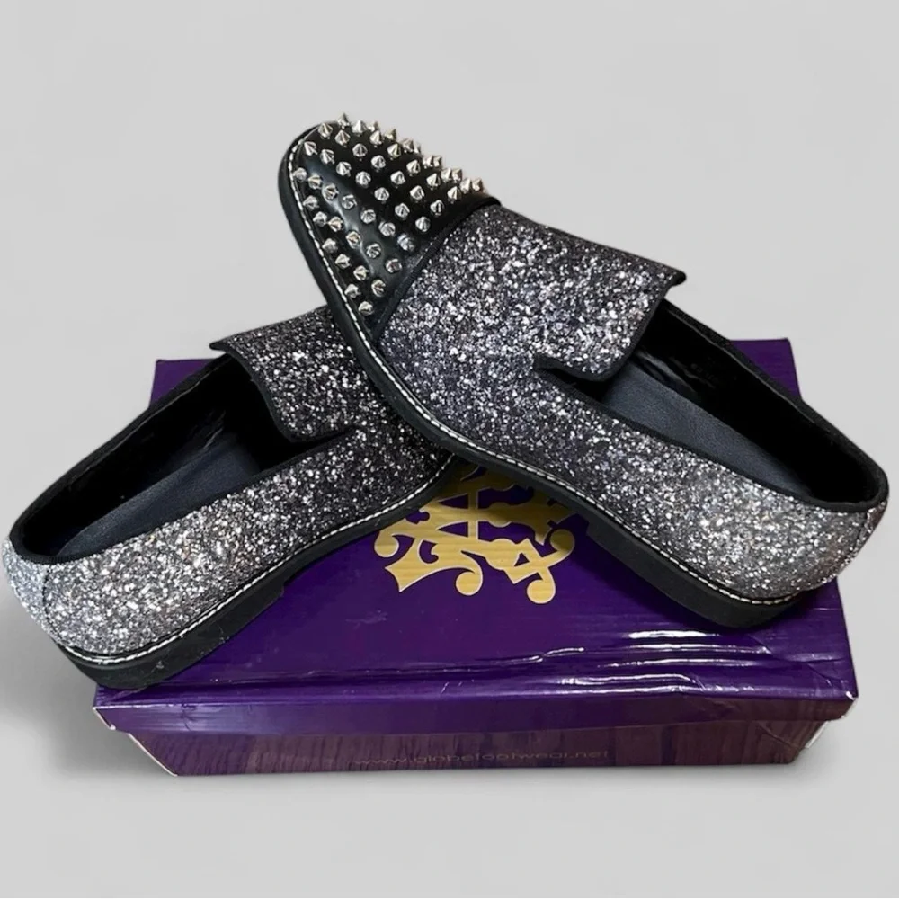 Men's Black Glitter & Studded Slip-On Loafers